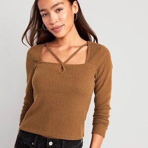 Brown XL Old Navy Fitted Long-Sleeve Strappy Keyhole Top